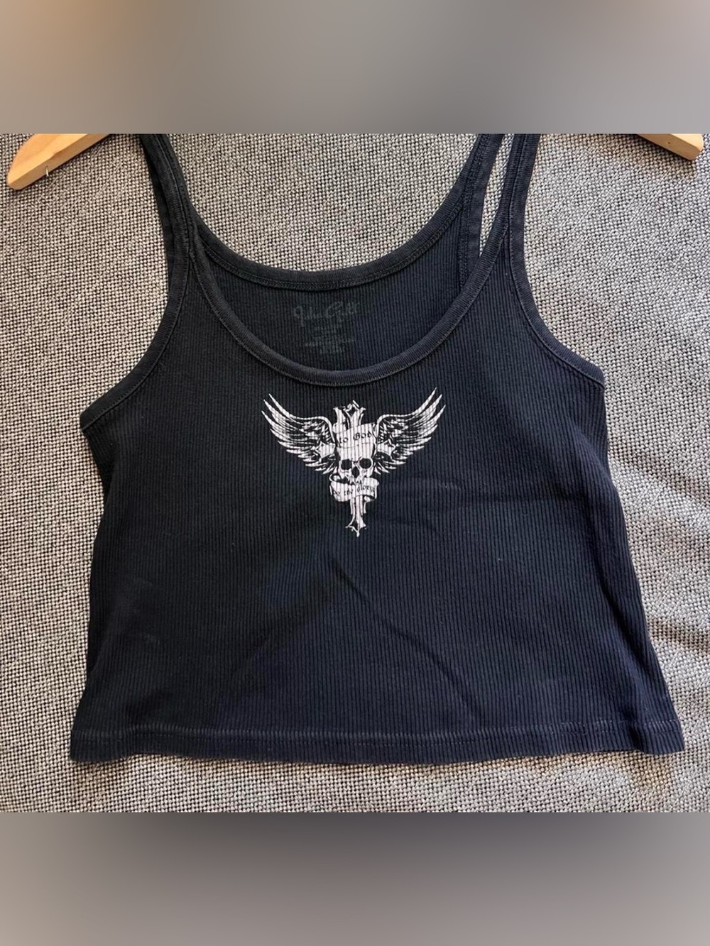 Brandy Melville Black Ribbed Tank with White Winged Skull Graphic